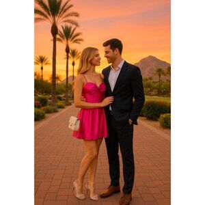 Mac Duggal Bow Front Bubble Hem Mini Dress Fuchsia Charmeuse Size 4 New